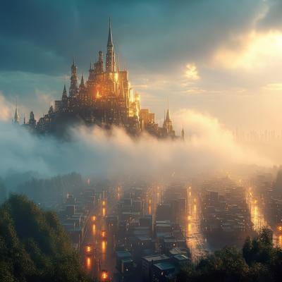 幻想的な雲に包まれた荘厳な城の素材