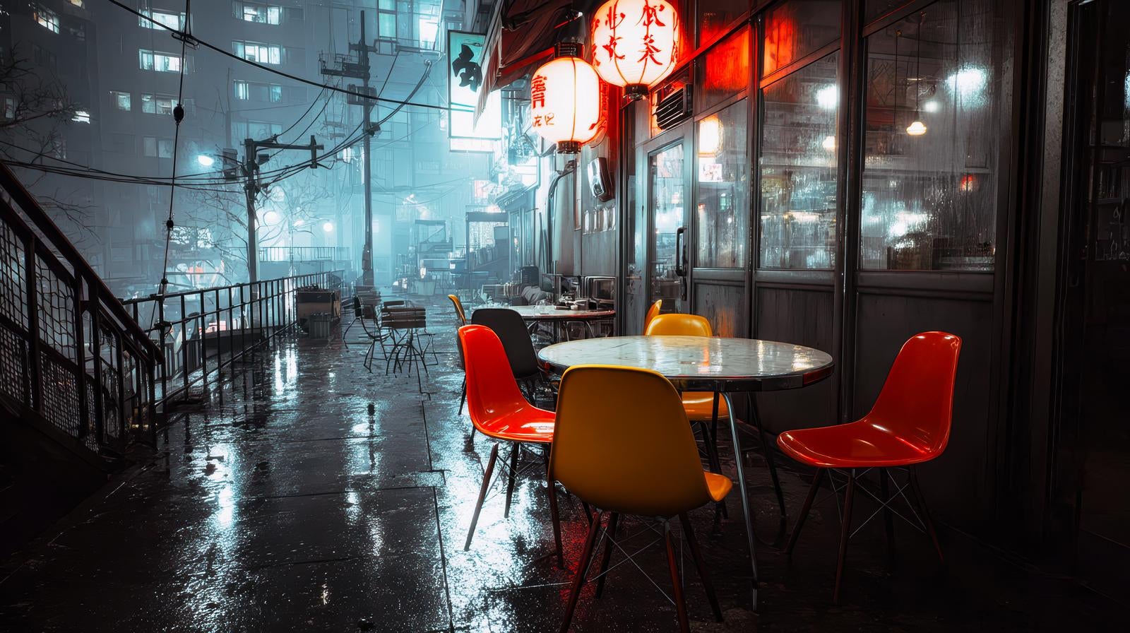 「雨に濡れた夜の路地裏の赤ちょうちんが灯る居酒屋」の写真