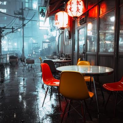 雨に濡れた夜の路地裏の赤ちょうちんが灯る居酒屋の写真