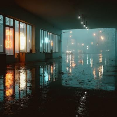 雨上がりの静寂に包まれた都会の通路の写真
