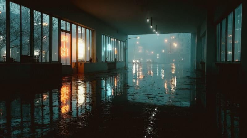 雨上がりの静寂に包まれた都会の通路の写真