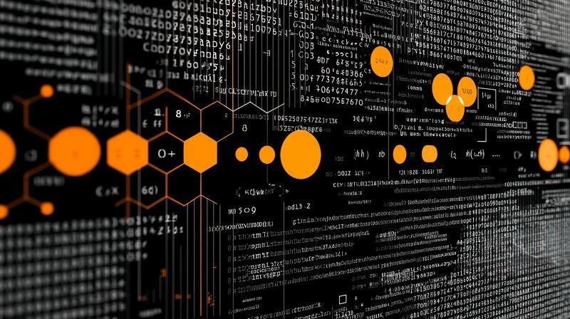 無数の英数字や記号が複雑に重なり合うサイバー空間の写真