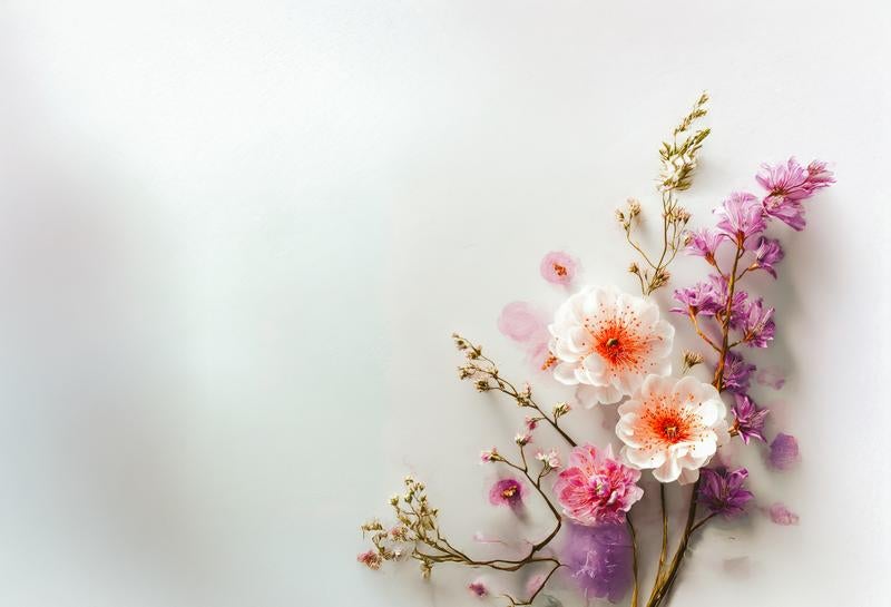 淡い紫の花びらや水彩風の模様がアクセントとなる花飾りの写真