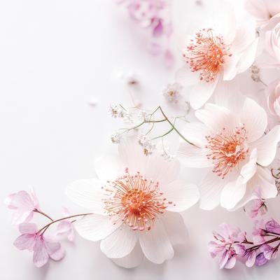 淡いピンクと白に包まれた上品で可憐なフラワーアレンジメントの写真