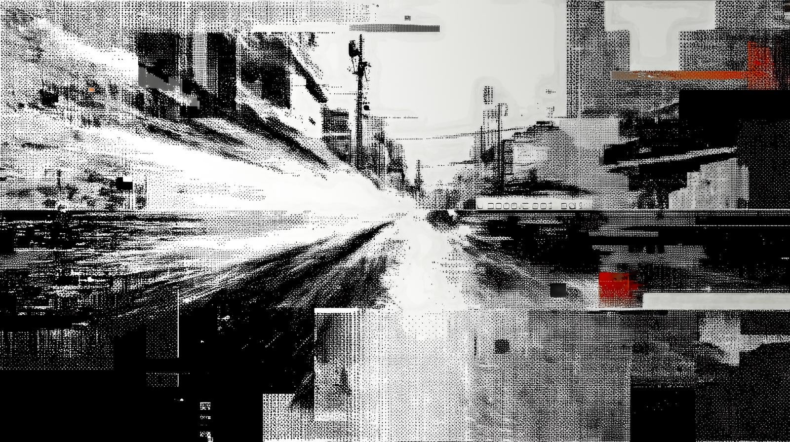 「ドットパターンで描かれた都市風景がグリッチのように歪む様子」の写真