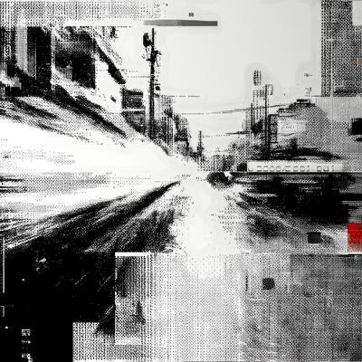 ドットパターンで描かれた都市風景がグリッチのように歪む様子の素材