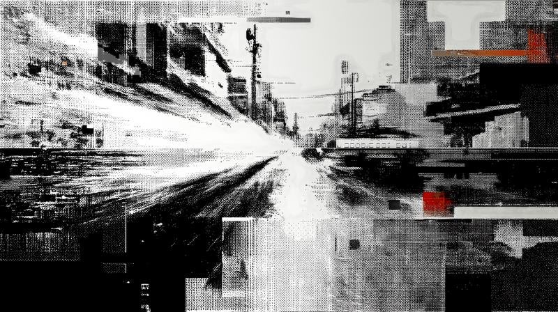 ドットパターンで描かれた都市風景がグリッチのように歪む様子の写真