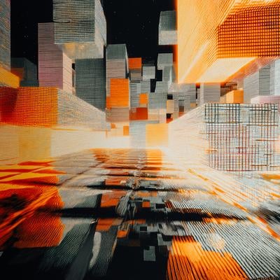 無数のデジタルキューブに満ちた仮想空間の写真
