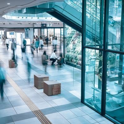 オフィスビルのエントランスロビーを行き交うビジネスパーソンの写真