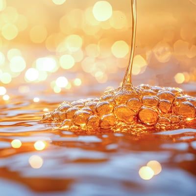 黄金の液体と無数の気泡が表面に浮かび上がる様子の写真