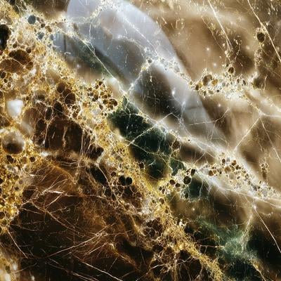 黄金色の網目模様が複雑に広がる鉱石の断面の写真