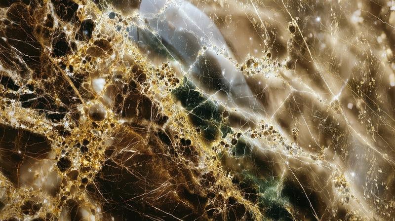 黄金色の網目模様が複雑に広がる鉱石の断面の写真