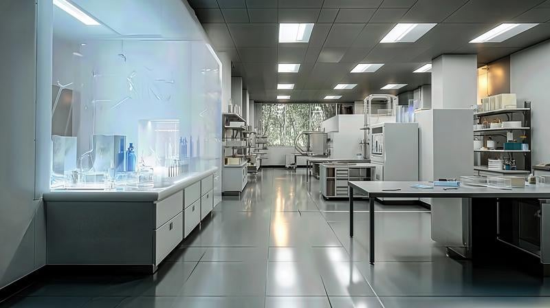 実験器具や試薬が整然と並ぶサイエンスラボの写真