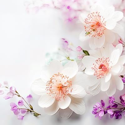 繊細な白い花びらの花と紫色の小花の写真