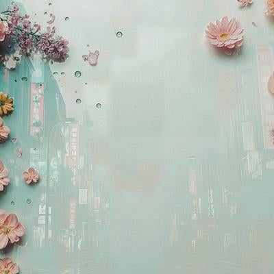 ぼんやりと映る繁華街を彩る花飾りの写真