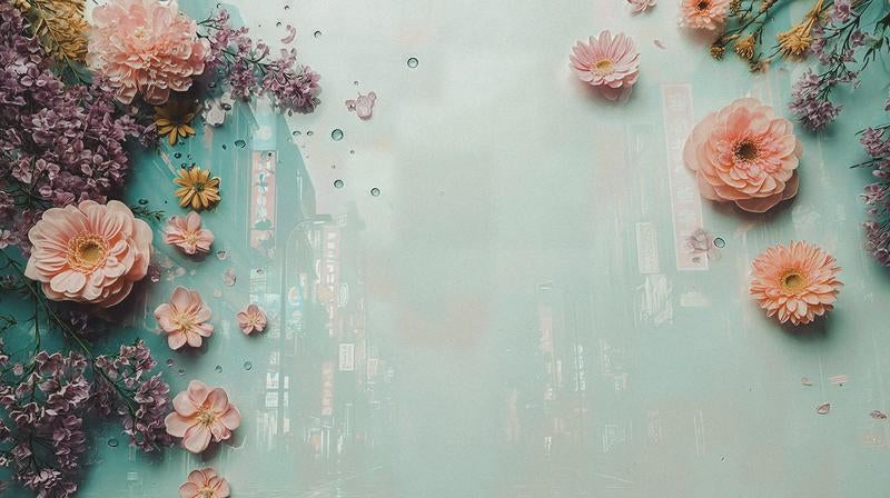 ぼんやりと映る繁華街を彩る花飾りの写真