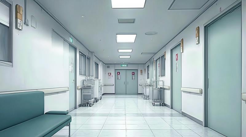 静寂に包まれた病院の白い廊下の写真