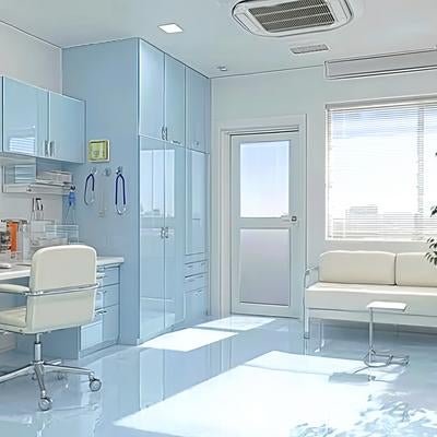 診療所の壁際に並ぶ医療機器やパソコンの写真