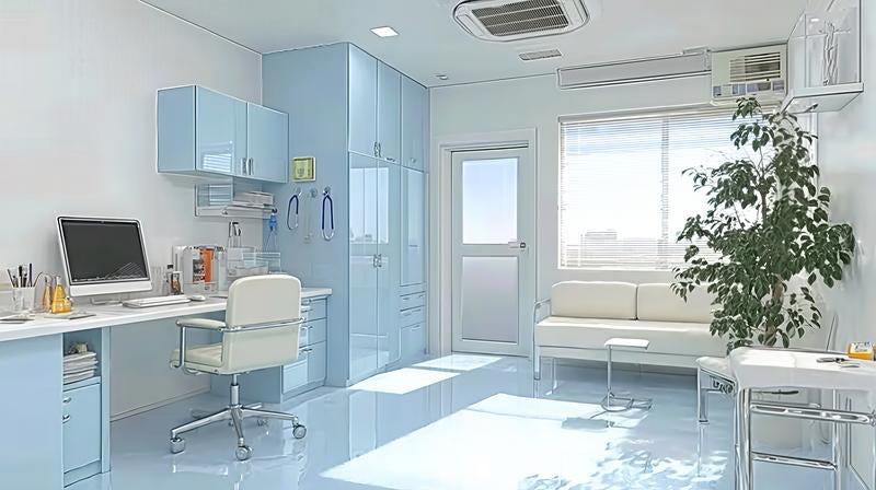 診療所の壁際に並ぶ医療機器やパソコンの写真