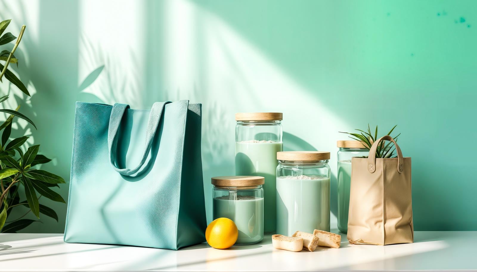 ミントグリーンのトートバッグと木蓋付きガラス瓶が白いテーブルに並ぶナチュラルな買い物グッズ