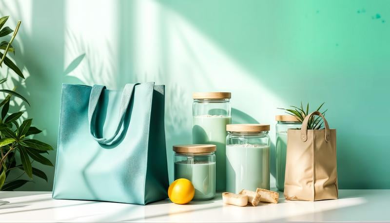 エコバッグとガラス瓶のナチュラルな買い物グッズ