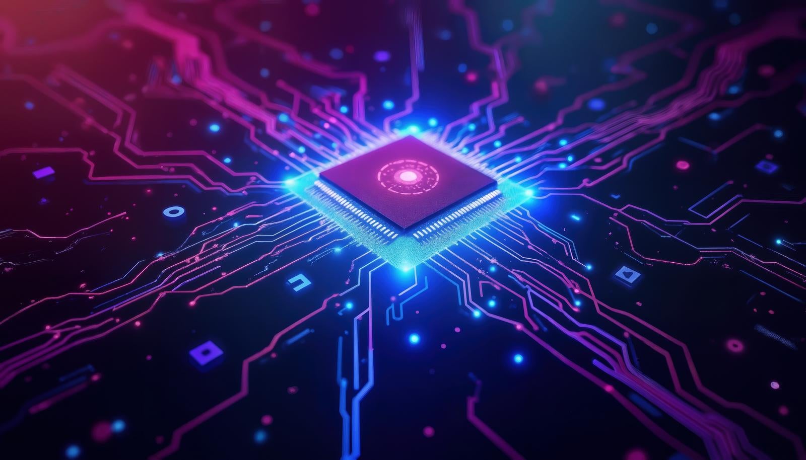 基板の中央で青く発光するCPUチップと四方に伸びる回路パターン