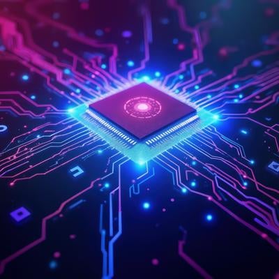 青く発光するCPUチップと回路基板の写真