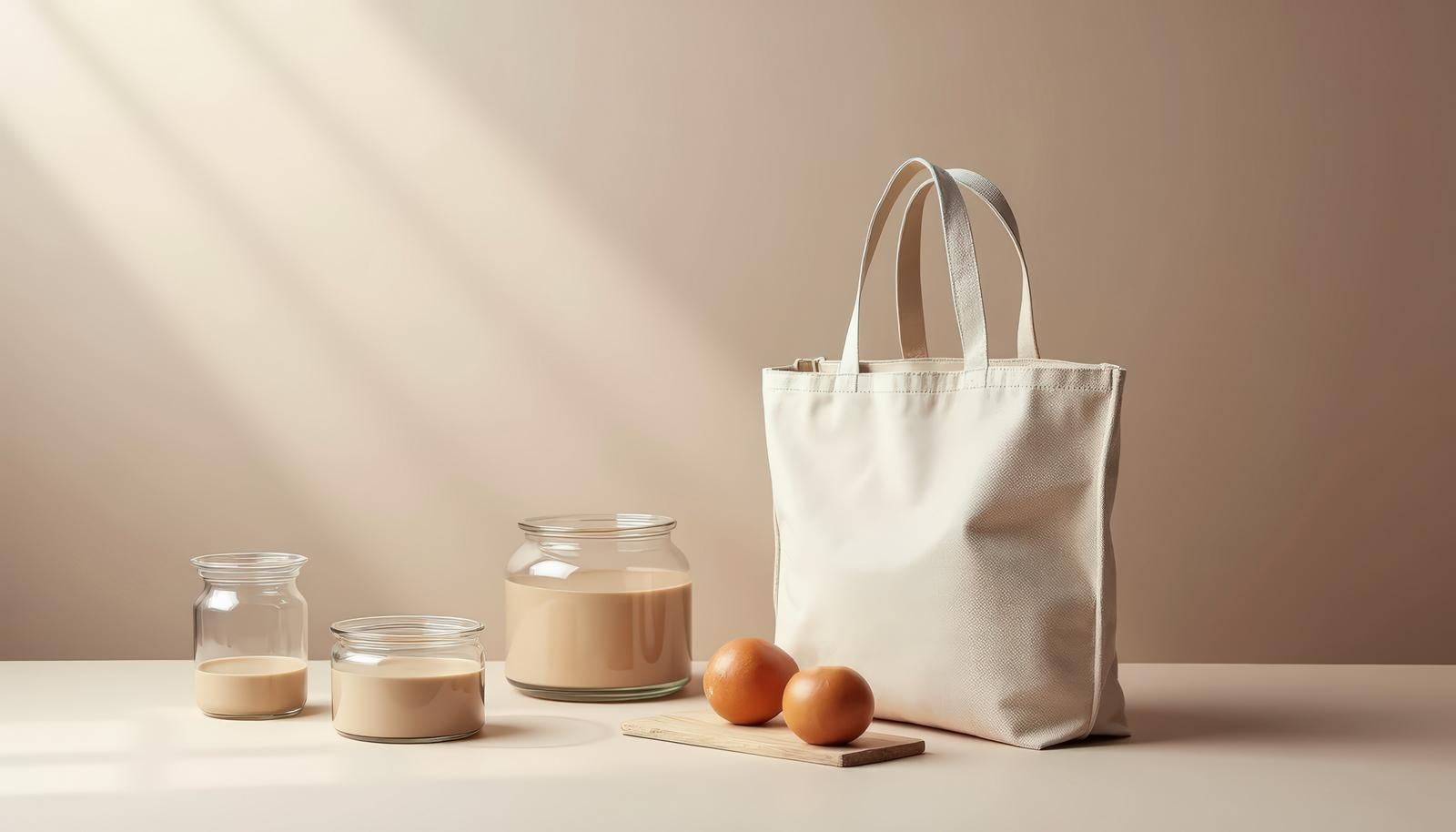白いトートバッグの横にガラス瓶とみかんが並ぶナチュラルな食卓