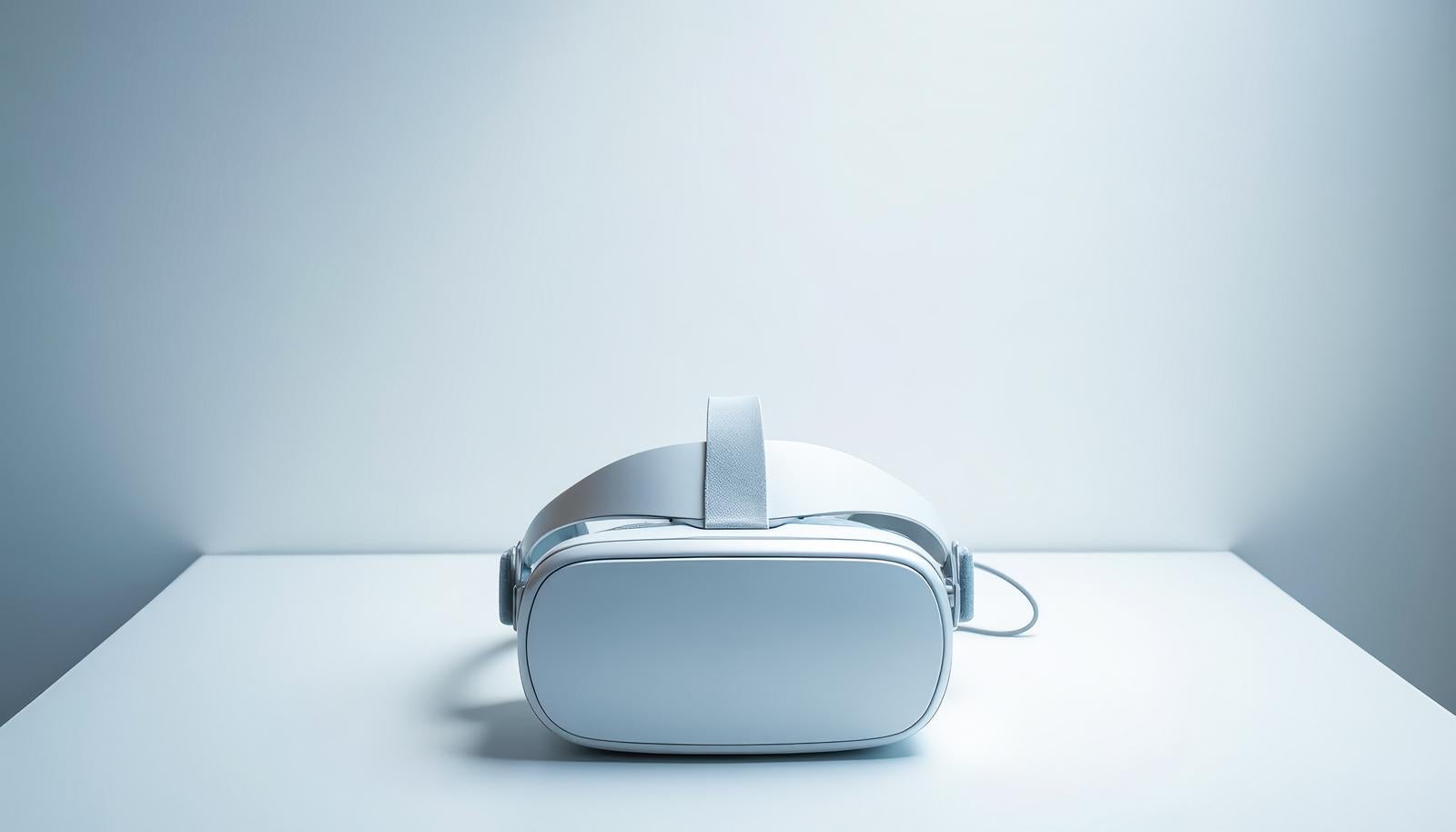 明るい白基調の空間に正面を向いて置かれた白いVRヘッドセット