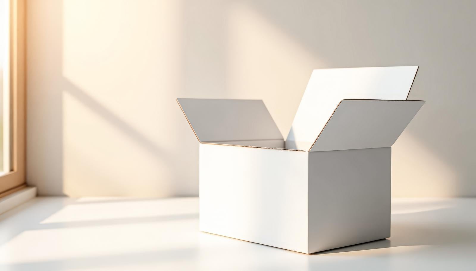 窓からの光が差し込む部屋に置かれた蓋の開いた白い段ボール箱