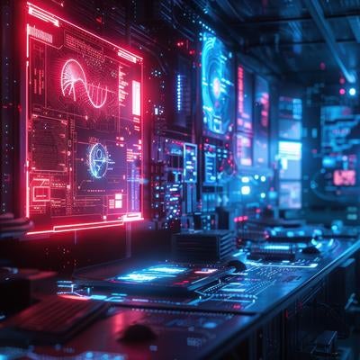 ネオンが光るハイテク風制御室のホログラム画面の写真