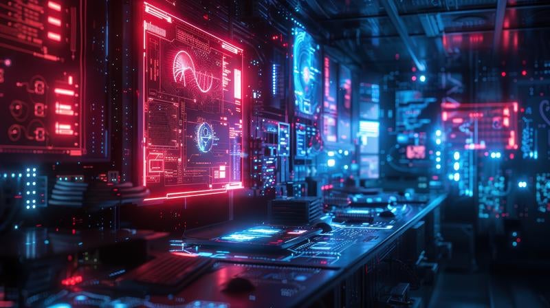 ネオンが光るハイテク風制御室のホログラム画面の写真