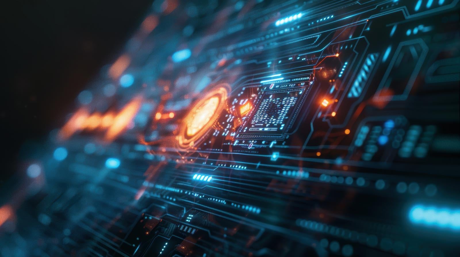 オレンジとブルーの光を放つ半導体チップと電子回路基板