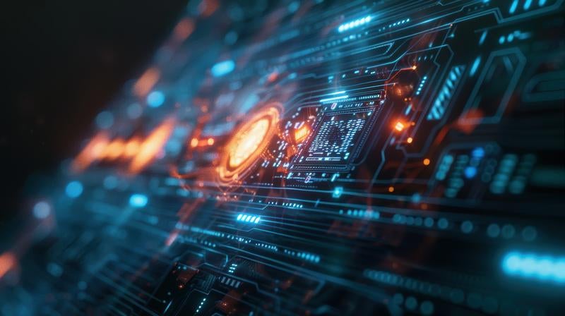 オレンジとブルーの光を放つ電子回路基板の写真