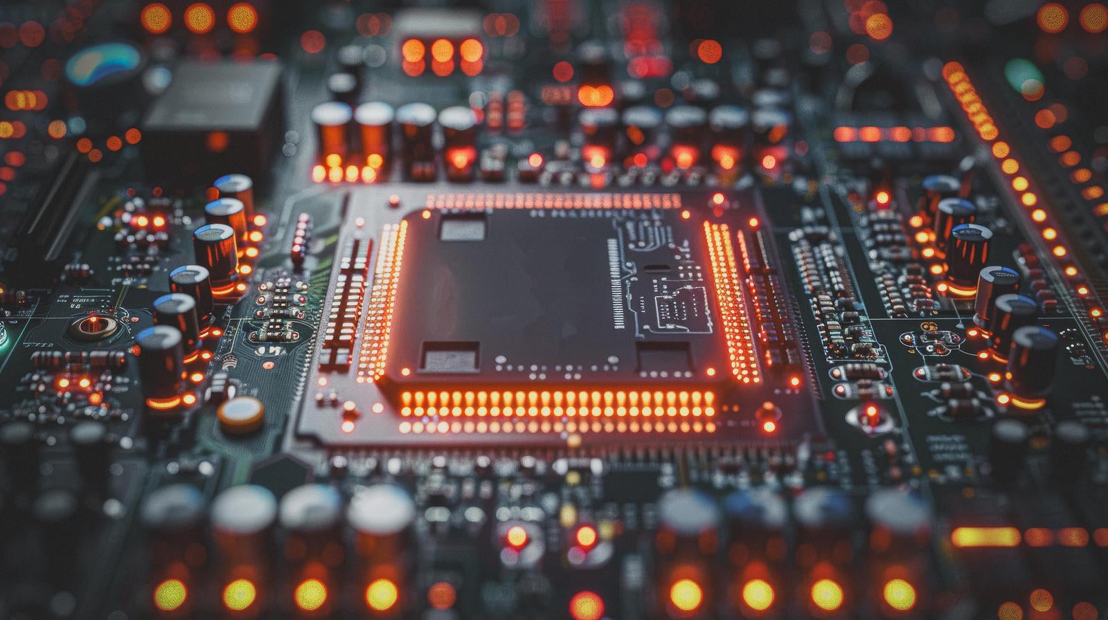 オレンジ色に光るCPUチップを中心とした電子基板のクローズアップ