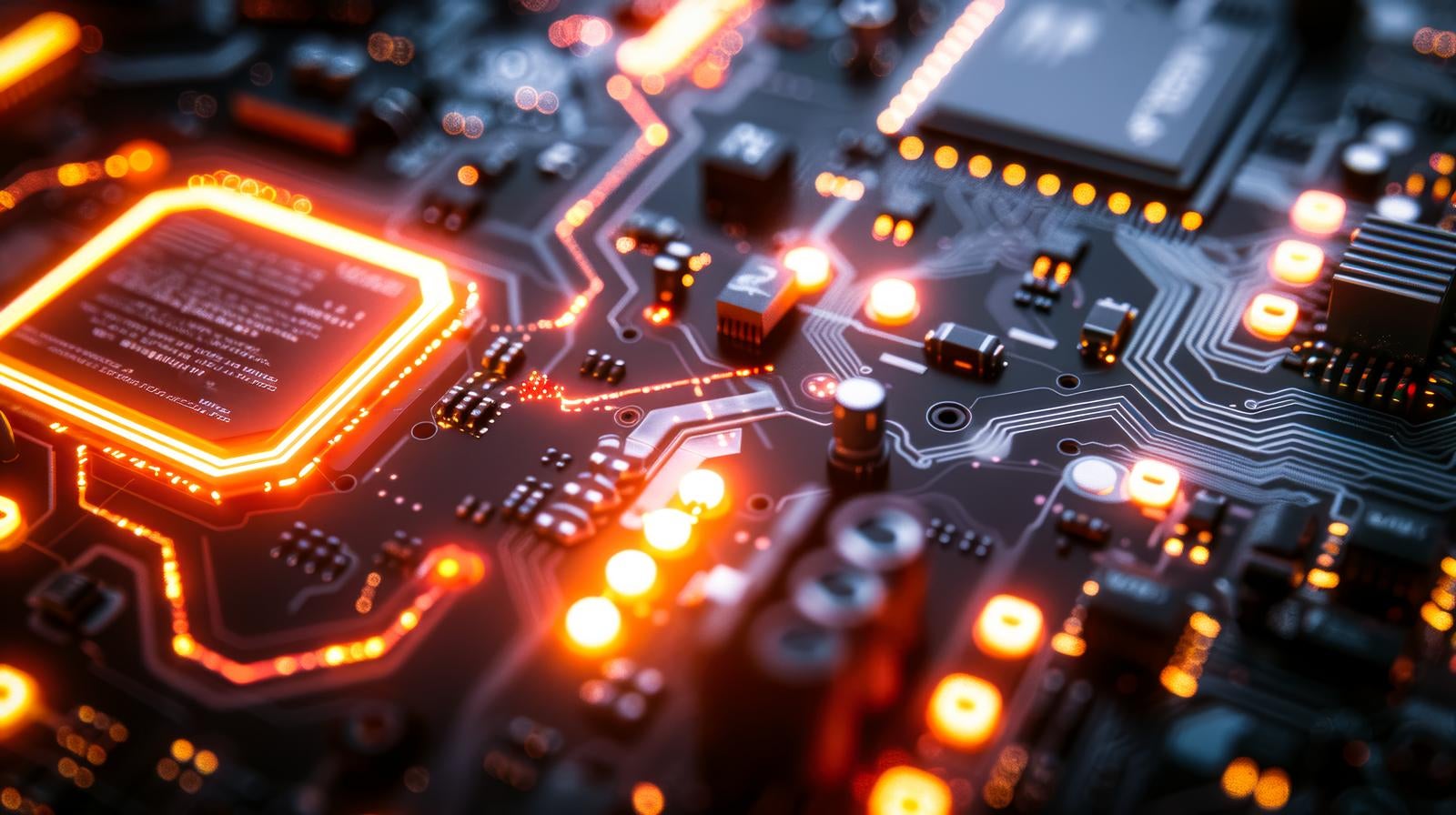オレンジ色に光る電子回路基板とプロセッサチップの近未来的な画像