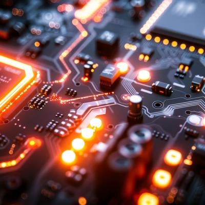 光る回路基板とプロセッサの写真