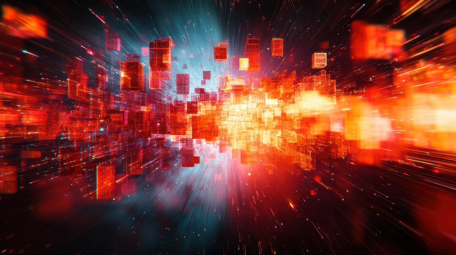 「赤とオレンジに輝く立方体のバーチャル世界」の写真