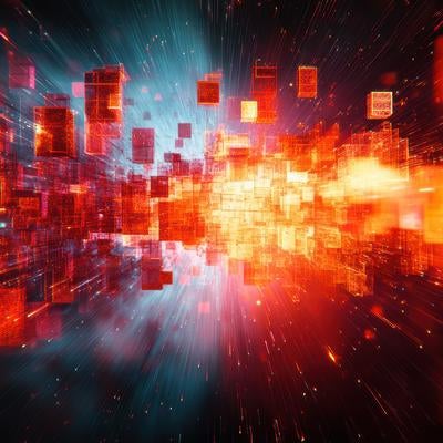 赤とオレンジに輝く立方体のバーチャル世界の写真