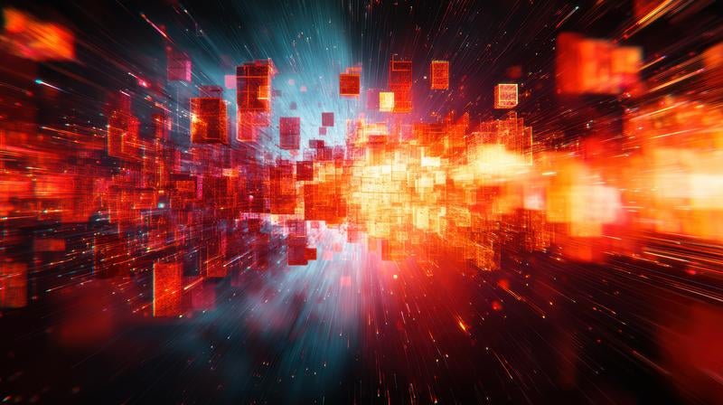 赤とオレンジに輝く立方体のバーチャル世界の写真