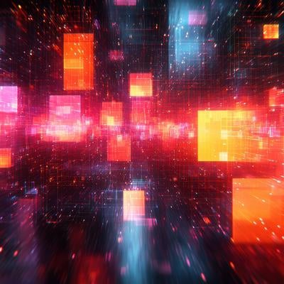 デジタルキューブが飛び交うサイバー空間の写真