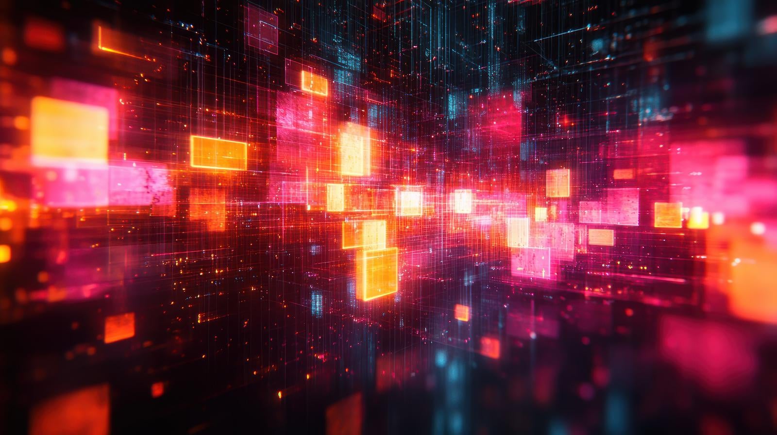 「未来的なデジタル技術を表現する光の粒子と四角形の幾何学模様」の写真