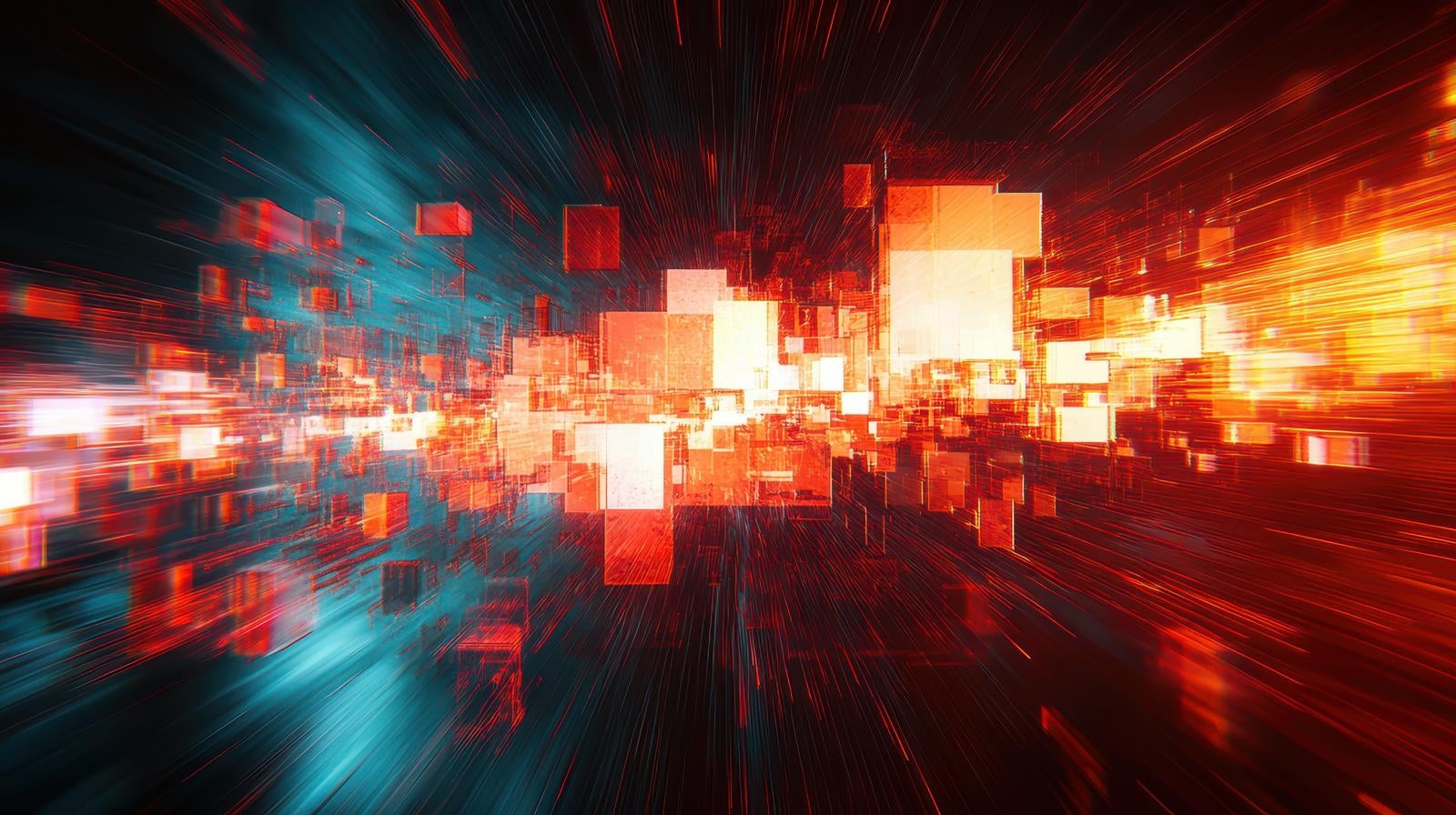 「サイバースペースを駆け抜ける光の粒子とピクセルの三次元空間」の写真