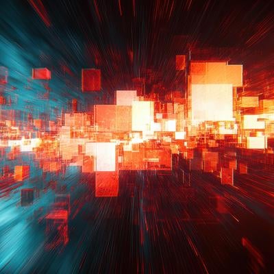 赤とシアンの光線が放射状に広がるサイバー空間の写真