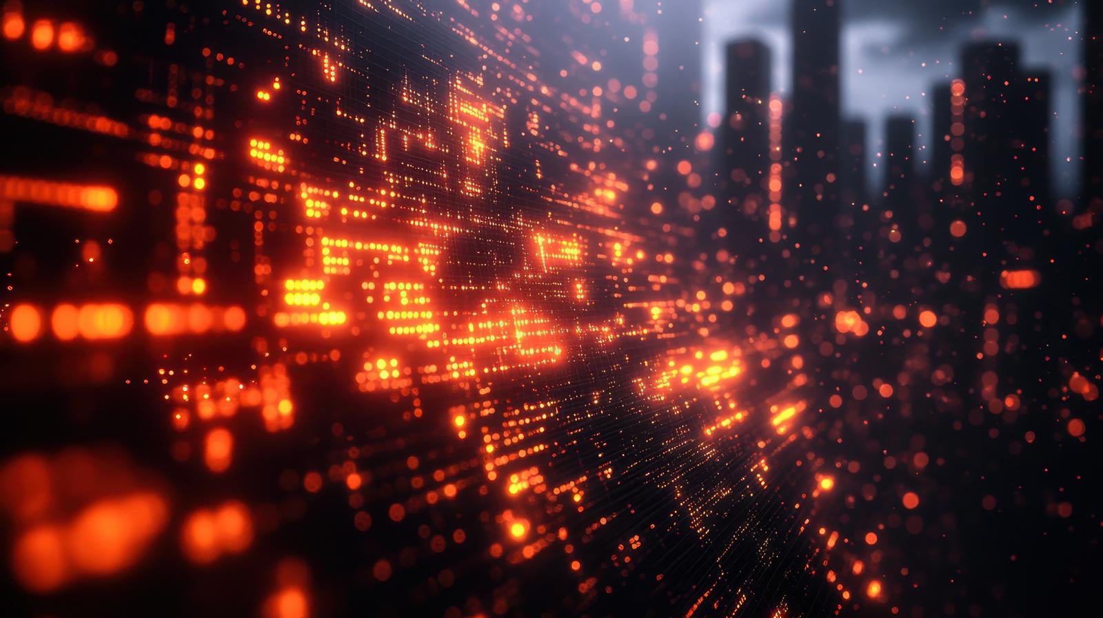 「オレンジ色に光るデジタル回路パターン」の写真