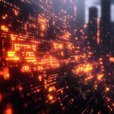 オレンジ色に光るデジタル回路パターンの写真