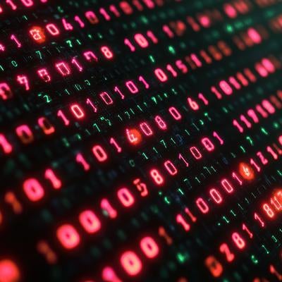 赤と緑のバイナリコードが発光するサイバー空間の写真