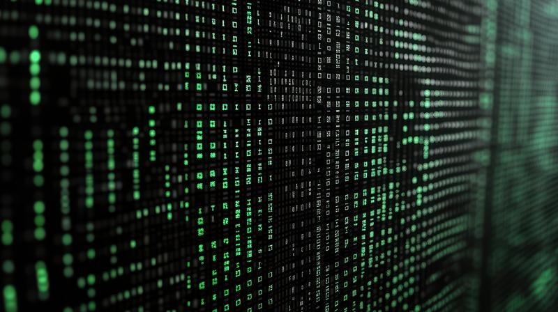 緑色の暗号化データが流れるデジタル画面の写真