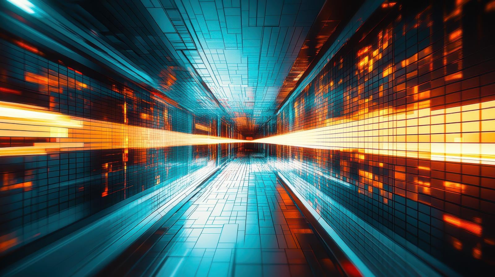 オレンジとブルーの光が交差するデジタルグリッド空間の未来的通路