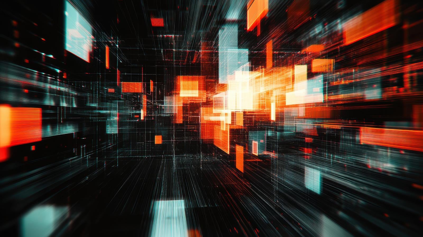 オレンジと青の光が放射状に広がるサイバー空間風のデジタルアート